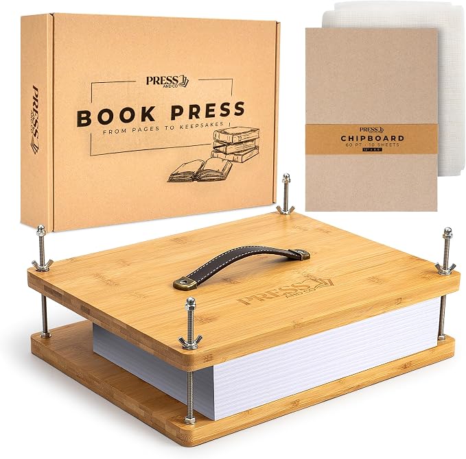 Pressandco Book Press – 14.6" x 11.6" Wooden Bookbinding Press with Leather Handle for Binding Books, Repair, Rebinding & Paper Craft – Includes Tools: 10 Binder Boards & Bookbinding Cloth