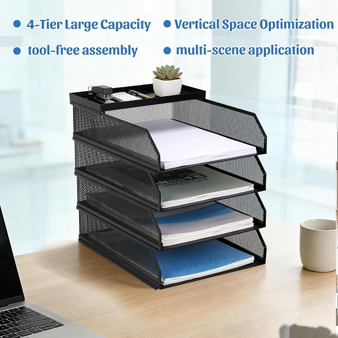 4 Tier Paper Tray Organizer for Desk, Stackable Office Organization | Metal Mesh Desk Trays, File Storage, Paper Sorter Organizer for Letter/A4 Office File Folder Holder, Black