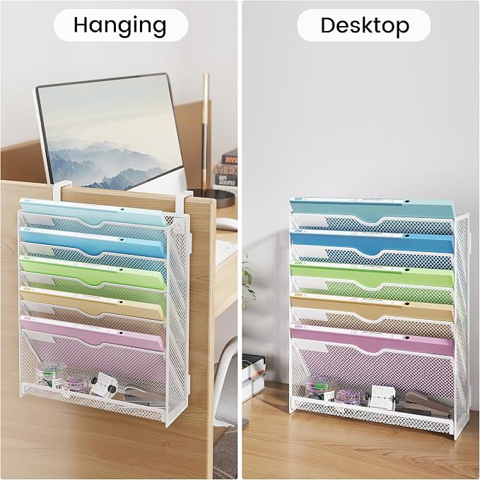 Hanging Wall File Organizer 6-Tier Wall Mount Mail Organizer | Desk Paper Organizer, Sleek White Metal File Folder Holder for Office, Cubicle, Bedroom | All-in-One Document Storage Shelf