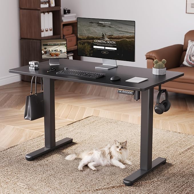 Claiks Electric Height Adjustable Standing Desk, 55x24 Inch, Black | Smooth Height Adjustment, 3 Memory Presets, Cable Management Hub&Hook, Stable Steel Frame, 176lbs Capacity, Easy Assembly