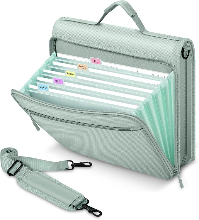 MoKo Zipper Binder, 2-Inch 3-Ring, 500 Sheets, 5-Tab File Folders, Green | 420D nylon with five dividers, multiple pockets, a padded handle and adjustable shoulder strap.