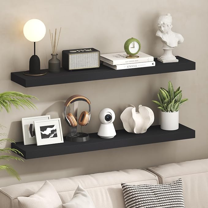 Furinno Tanna Floating Shelves for Wall Set of 2, 9 x 47 Wall Shelf, Wall Mounted Floating Shelf with Invisible Bracket, 2-Inch Thick, for Bathroom, Living Room, Bedroom, Home Office, Americano