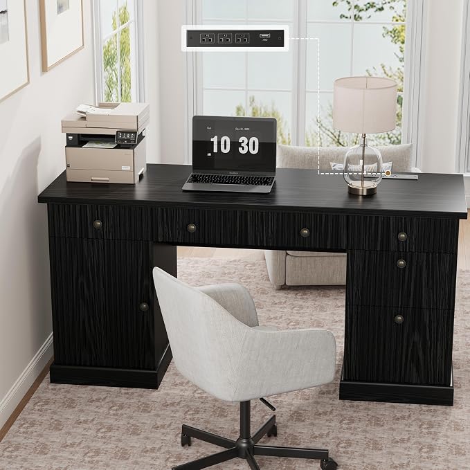 Garvee 60" Office Desk with Storage & Drawers for Home Office, Black | Fluted Wood Executive Desk with File Drawers & Charging Station, Modern Computer Desk with Adjustable Shelves