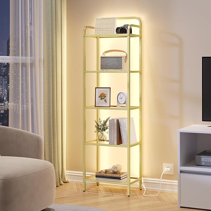Hzuaneri Bookshelf, Tempered Glass Bookshelves with Lights and Steel Frame | Tall Narrow Bookcase , Display Shelf, Slim Shelving Unit for Living Room, Bedroom, 9.6"D x 15.4"W x 55.9"H Gold BC34599G