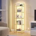 Hzuaneri Bookshelf, Tempered Glass Bookshelves with Lights and Steel Frame | Tall Narrow Bookcase , Display Shelf, Slim Shelving Unit for Living Room, Bedroom, 9.6"D x 15.4"W x 55.9"H Gold BC34599G