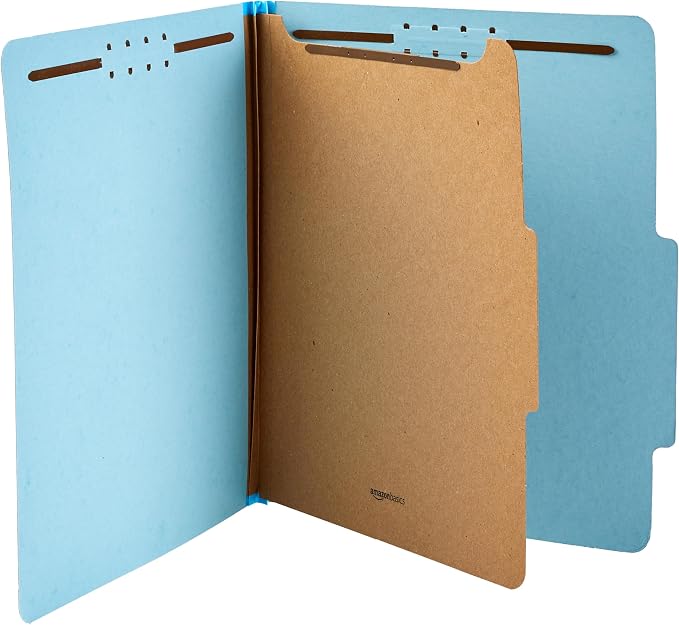 Amazon Basics Classification Folder for Documents and Organization, 1 Divider, 2" Embedded Fasteners, Letter Size, Light Blue, 10 Count (Pack of 2)