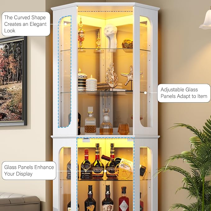 kepptory 72" Tall Corner Display Cabinet with Glass Doors，White | 6-Tier Glass Display Cabinet, Adjustable Glass Shelves, LED Lights, Curio Display Case for Collectibles
