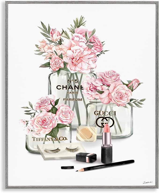 Stupell Industries 'Pink Rose Florals in Glam Fashion Jars', Framed Giclee Art, Gray, 11 x 14 Inches, Easy to Hang and Sturdy, Made in USA, by Ziwei Li