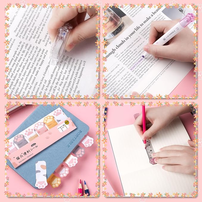 8 Pcs Cute Cat Paw Stationery Set Kawaii School Office Supplies Including Eraser Correction Tape Highlighters Sticky Notes Ruler for Cat Lovers Students (White)