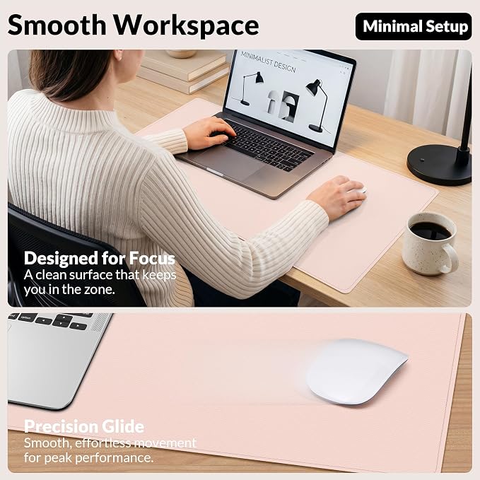 AFIING Leather Desk Pad Protector, Pink, 23.6" x 13.7" | Large Mouse Pad, Dual-Sided PU Leather ,Non-Slip, Waterproof, For Office and Home