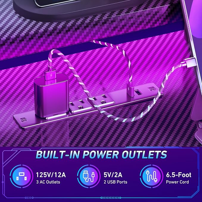 Korfile 40 Inch Gaming Desk with LED Lights & Power Outlet, L Shaped Computer Gaming Table with Storage Shelves, Reversible Corner Desk with Monitor Stand for Home Office, Carbon Fiber Black | L Shaped Computer Gaming Table, Reversible Corner Desk, Sto...
