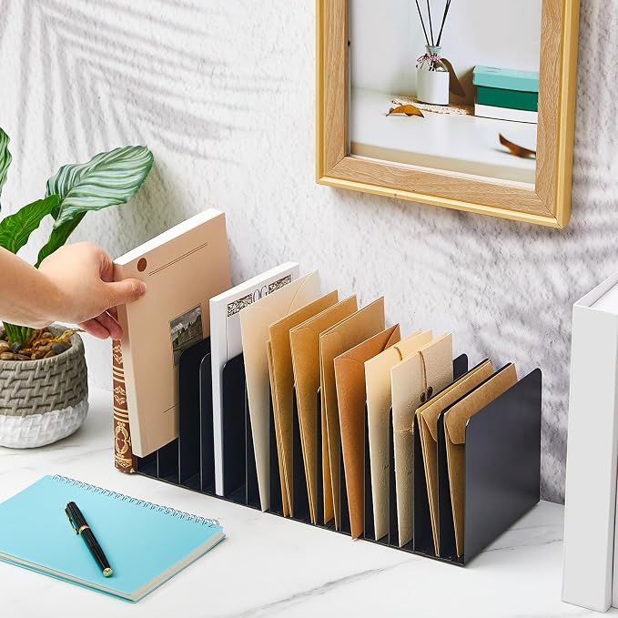 Suzile 2 Pcs Vertical Metal Desk File Organizer, 15 Compartments Desktop Document Sorter & Mail Holder for Office Home Classroom, 15.75 l x 5.79 W x 5.41 H, Black