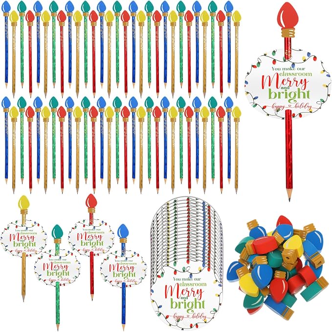 Geyoga Christmas Pencils Erasers Gifts Set with Bulb Eraser Topper, 60 Set