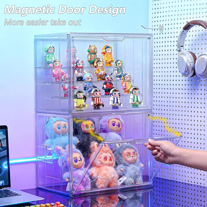 Acrylic Display Case for Figures, 4-Layer Stackable Storage Box | Display Cases for Collectibles, Tool Free Assembly, High Transparency Design, Magnetic Door, Adjustable Divider