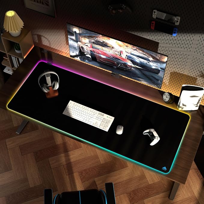 Cacoy 59"x24" Large RGB Gaming Mouse Pad, XXL Non-Slip LED Desk Mat, Black | Extended RGB Keyboard Mouse Mat Glowing LED Light Special-Textured Surface Computer Mat Desk Accessories Optimized for Gamer