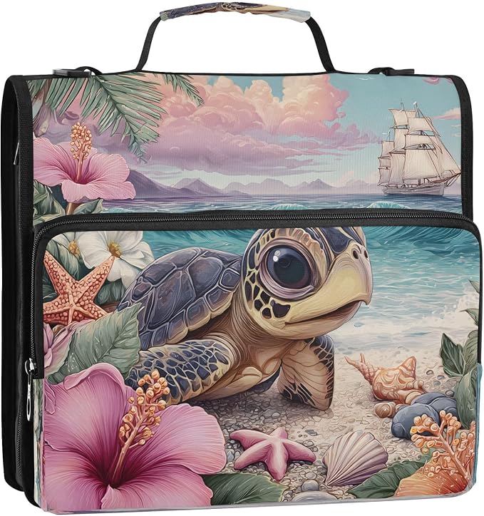 ALAZA Zipper Binder 3 Ring Turtle on Tropical Beach Binder Organizer with Zipper and Shoulder Strap Large Capacity Multi-Pocket Trapper Keeper File Folder for Office Supplies