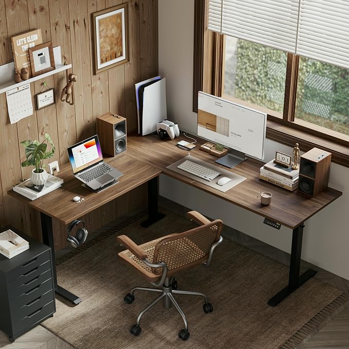 Agilestic 63 x 55 Inch L Shaped Electric Standing Desk, Dark Walnut | Corner Desk, Ample Workspace, Memory Presets, Hooks, Stable Steel Frame,176 lbs Capacity, Easy Assembly, Splice Board