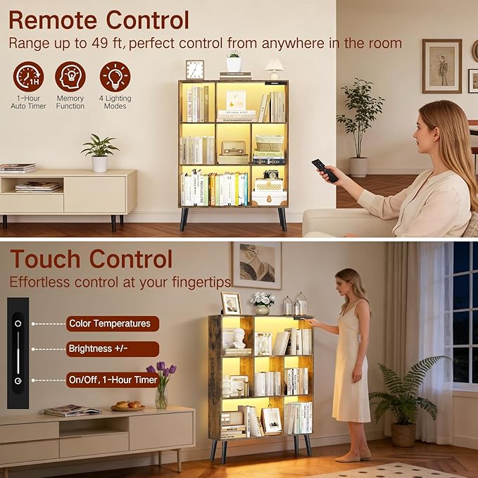 7-Cube Bookshelf with LED Lights, Touch & Remote Control, Freestanding Open Bookcase Storage Shelf, Dimmable Modern Wooden Display Organizer with Legs for Living Room, Bedroom (Rustic Brown)