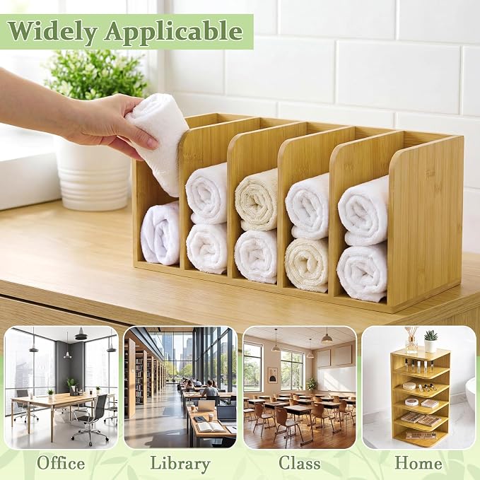 Novabright 5-Slot Bamboo Wooden Magazine File Holder Desk Organizer, 5 Vertical Compartments Workspace Sorters for Magazines, Binders, Notebooks, Envelopes