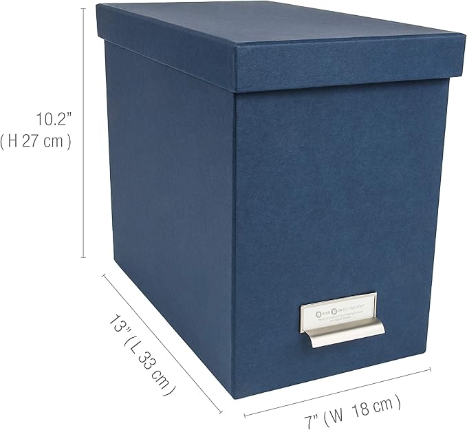 Bigso John Fiberboard Label Frame Desktop File Storage Box - Document Organizer for Important Paperwork - Durable Hanging File Box with a Lid & Metal Label Window - 7.36 x 13.38 x 10.51 in - Blue