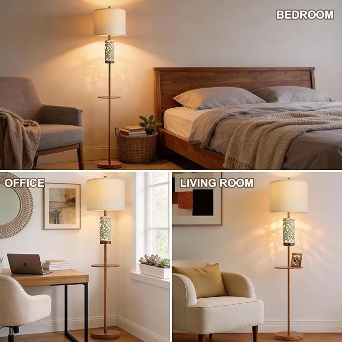 Dimmable Farmhouse Floor Lamp for Living Room, 2-in-1 Rustic Floor Lamp with Main&Night Light,Linen Shade&Dual Switches, 65" Standing Lamp for Bedroom Office Corner Dining Room, Wood Pole Lamp