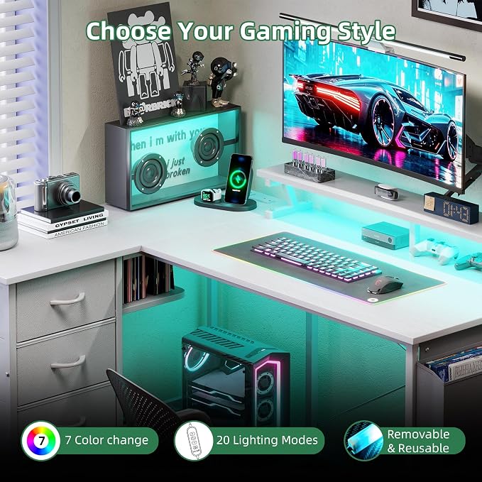 VERMESS 47" Reversible L Shaped Gaming Computer Desk, Corner Desk with Power Outlets & Monitor Stand, Writing Study Table with 4 Storage Drawers, Desk with LED Lights, White