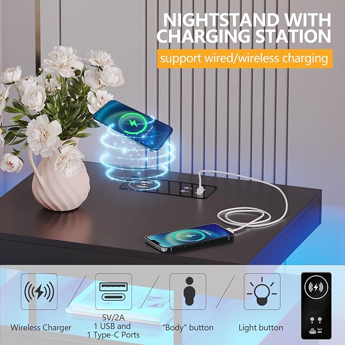 dnbss LED Nightstand with Charging Station, Smart Bedside Table, Black | Modern Night Stand, Floating Desktop, 2 Drawers, 1 Compartment, Human Body Sensor, for Bedroom Living Room Office Storage