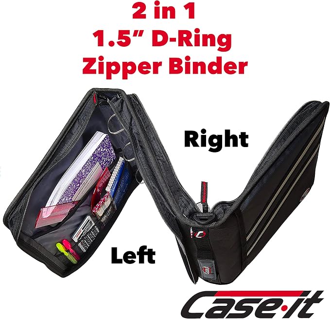 Case-it Zipper Binder | Dual 1.5" D-Rings | 500-Sheet | Z-176 Jet Black | Z Shape, Two Binders in One, Double-Sided, Multiple Pockets, Shoulder Strap, 6-Pack, School & Office