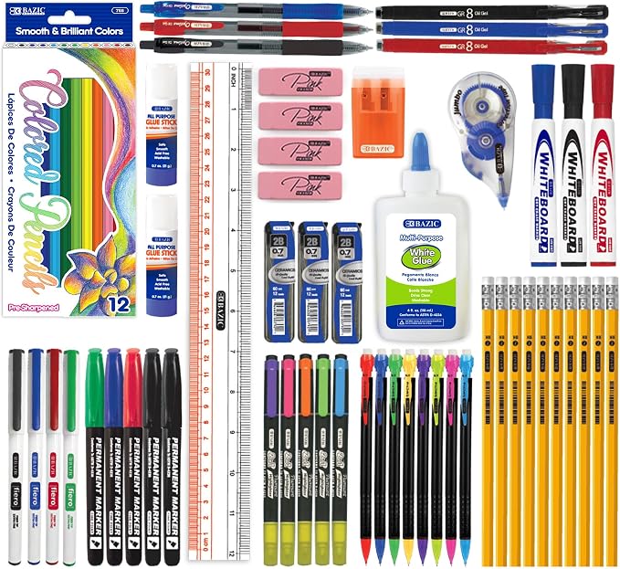 BAZIC PRODUCTS 66-Piece Back to School Supplies Kit | Bundles writing, Coloring, Correction, Desk tools in, For school and office use