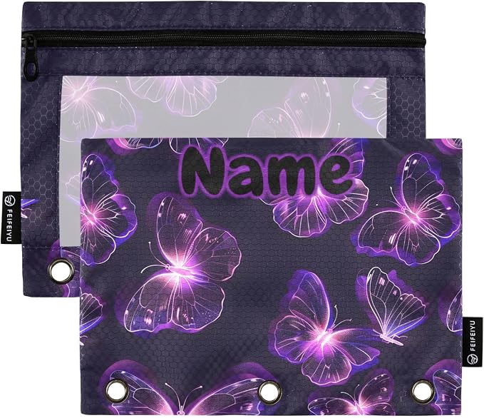 Custom Butterflies Purple Neon Pencil Pouch for 3 Ring Binder, 2 Pack Personalized Name Waterproof Pencil Bags Clear Window Pencil Case School Office Supplies
