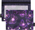 Custom Butterflies Purple Neon Pencil Pouch for 3 Ring Binder, 2 Pack Personalized Name Waterproof Pencil Bags Clear Window Pencil Case School Office Supplies