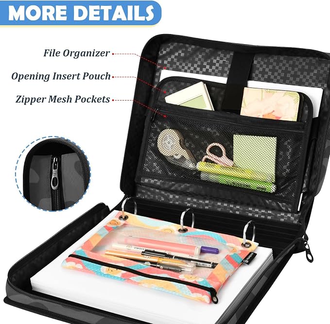 Leopard Black Zipper Binder File Organizer Bag 3 D-Ring | with Shoulder Strap, Holds 500 Sheets & 14in Laptop, 3 Ring Binder for Office Supplies