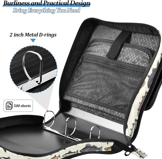 Fisyme Vintage Fish Zipper Binder 3 Ring with Zipper and Shoulder Strap Large Capacity Multi-Pocket Zipper Binder Organizer