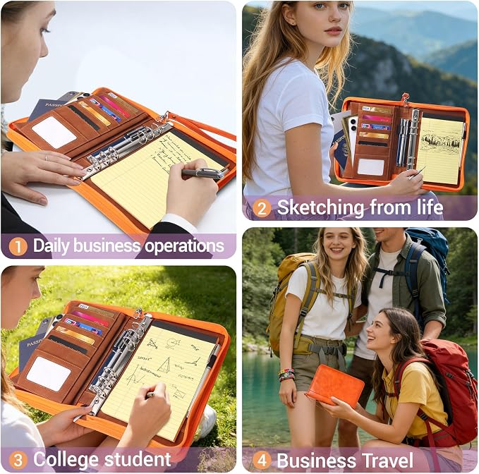 A5 Binder 6 Ring with Zipper, Portable Planner for Travel & Study | Faux leather A5 planner with detachable 6 rings, lined pages, pouches, card slots and pen holder for daily use.