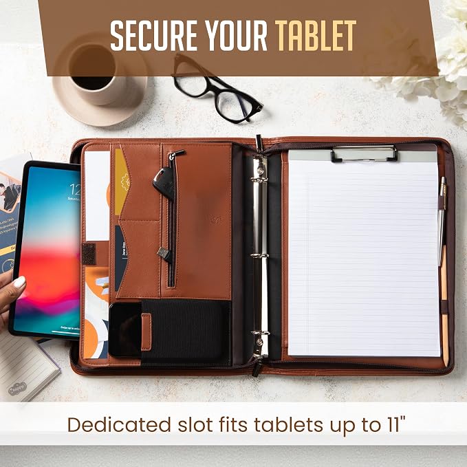 STYLIO Zipper Portfolio | Padfolio 3 Ring Binder (1") and Clipboard Folio (Removable) | Portfolio Organizer for Documents, Tablet, Phone |Faux Leather Binder for Men and Women | Tan (Brown) Color