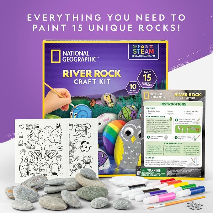 National Geographic Rock Painting Arts and Crafts Activity Kit for Kids | 15 River Rocks, 10 Paint Colors, Brushes and Art Supplies, Outdoor Craft Activity, Creative Play, Birthday Gift