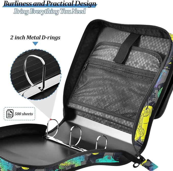 Monster Trucks Print Zipper Binder Bag 3 Ring with Shoulder Strap & Handle Multi Pocket Binder Organizer Bag Large Capacity for School Office Supplies