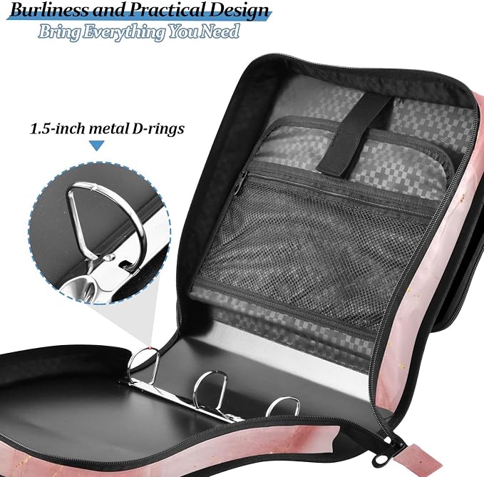 Pink Marble Zipper Binder 3 Ring Binder with Shoulder Strap 500 Sheet Capacity Storage Organizer Trapper Keeper File Folder