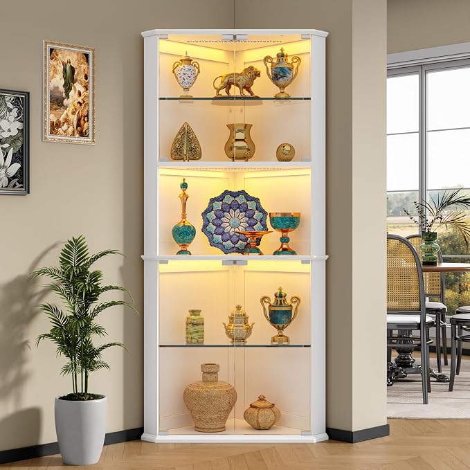 kepptory 72" Corner Curio Cabinet with RGB LED Lights, 6-Tier Glass Display Cabinet with Adjustable Shelves, Lighted Corner Showcase for Collectibles, China, Glassware, Living Room Home Bar
