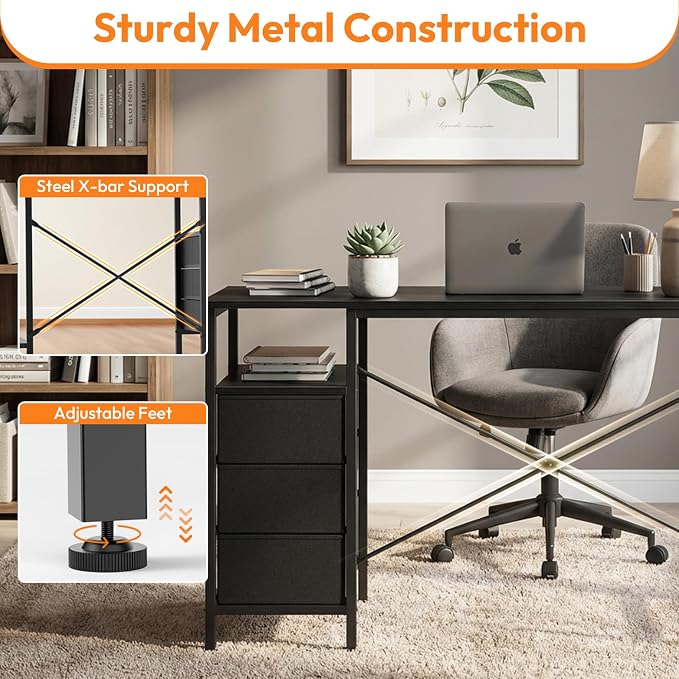 Alpen Computer Desk with Drawers, L Shaped Desk for Bedroom with Power Outlets, Gaming Table with Storage Shelves, Corner Desk for Gaming, Study Writing PC Table, 55 Inch, Black