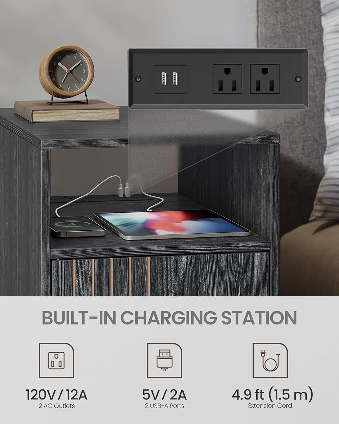 VASAGLE End Table with Charging Station, Narrow Side Table, Nightstand | Tapered Legs, Curved Transitions, for Small Spaces, Living Room, Bedroom, Charcoal Gray, MAEZO Collection ULET329B101S