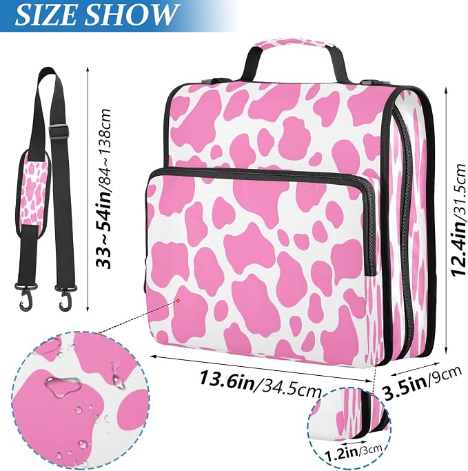 3 Ring Zipper Binder Pink Cow Print Binder Organizer Portfolio with File and Shoulder Strap & Handle Large Capacity File Folder