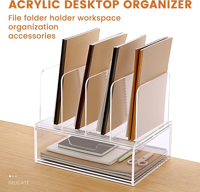 HeZone Desk Organizers and Accessories, Acrylic Desk Organizer with Drawer, Office Supplies Organization Storage, Clear Acrylic File Organizer for Desk - 1 Pack