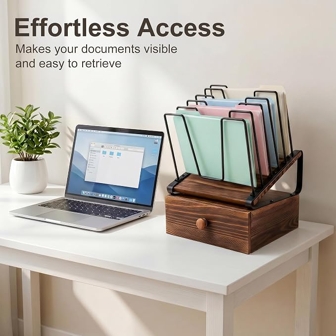 5-Section Wooden Inclined Desktop File Organizer with Storage Drawer | Metal Inclined Desk File Holder,Multifunctional Folder Organizer for Office Home School Classroom Workspace