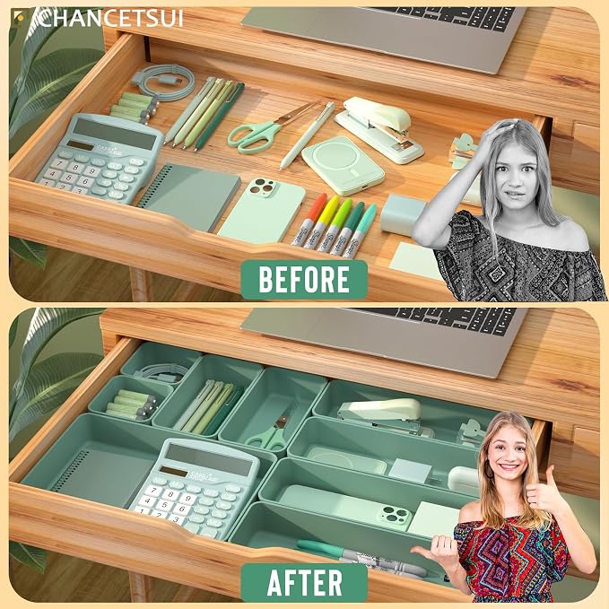 CHANCETSUI 9 Pcs Stackable Drawer Organizer Trays Set, Green, Multifunctional Storage for Vanity, Bathroom, Kitchen, Desk Drawer Organizer Office, PET Plastic | Sage Green Shallow Small Plastic Bins for Junk Organization