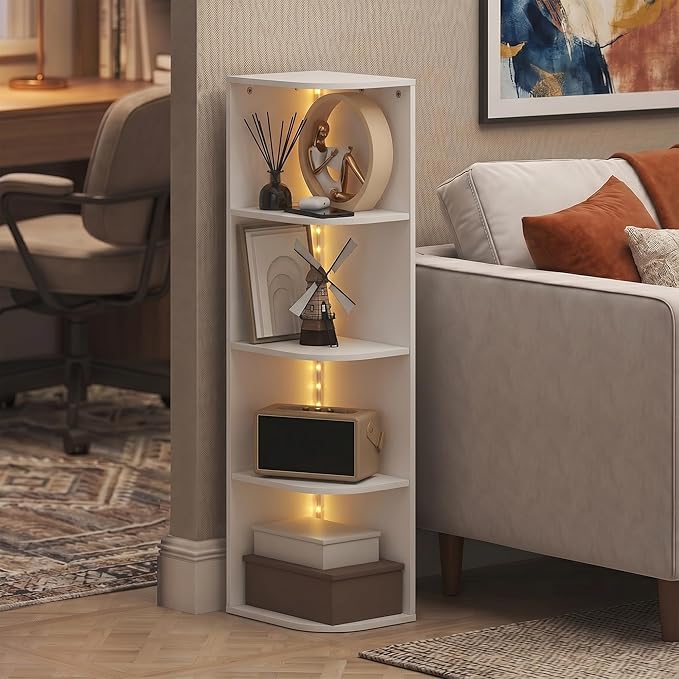 Furinno PASIR Book Shelf with LED Lights, 4-Tier Bookshelf, Open Corner Shelf Bookcase, 9.3 x 12 x 41.4, for Home Office, Living Room, Study Room, White