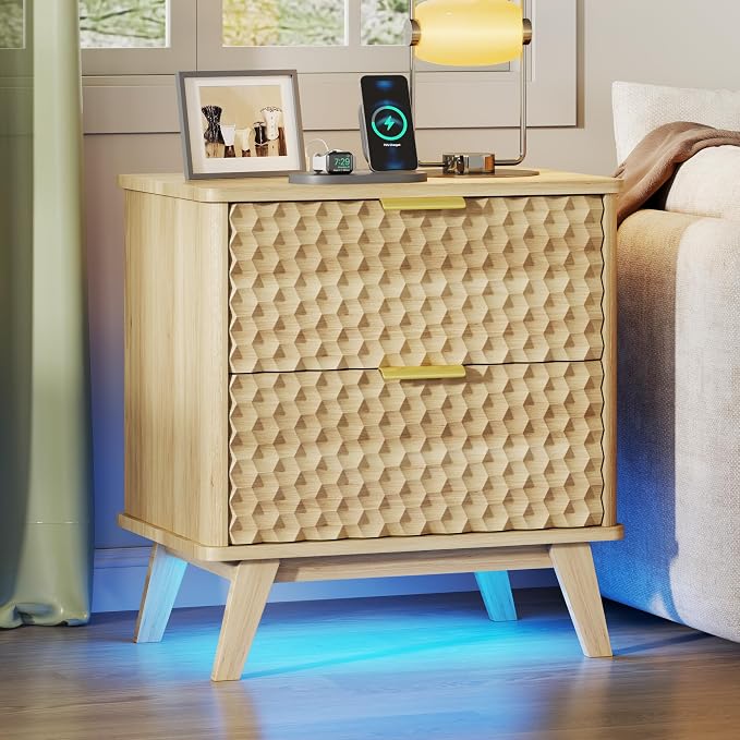 Smart Nightstand with Charging Station and LED Lights, Natural Oak | 23.62" Wide Night Stand with 2 Drawers, Motion Sensor Motion-Activated Underlight, Honeycomb Bedside Table for Bedroom