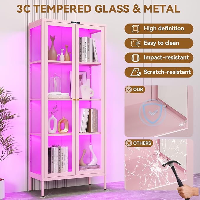 Polup 66" Pink Glass Display Cabinet with 8-Color LED for Collectibles | Metal Frame & Tempered Glass Doors, Motion Sensor LED, 4-Tier Space, 3 Adjustable Shelves, for Indoor Plants & Figures