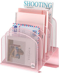 Delifox Inclined Desk File Organizer,Vertical File Folder Holder Stand Metal Rack File Sorter for Office Classroom Desktop Organization (1, Pink, 5)