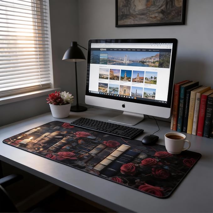 Aesthetic Book Gaming Mouse Pad, Black Red Dark Romanticism Desk Mat with Anti-Slip Base & Stitched Edges,35.4" x 15.7" in Desk Accessories for Women, Home Office Decor & Artistic Gift